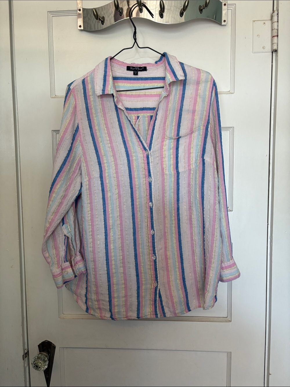 Velvet Heart Striped Pastel Button-Up Shirt with Roll Tab Sleeves Size 1X